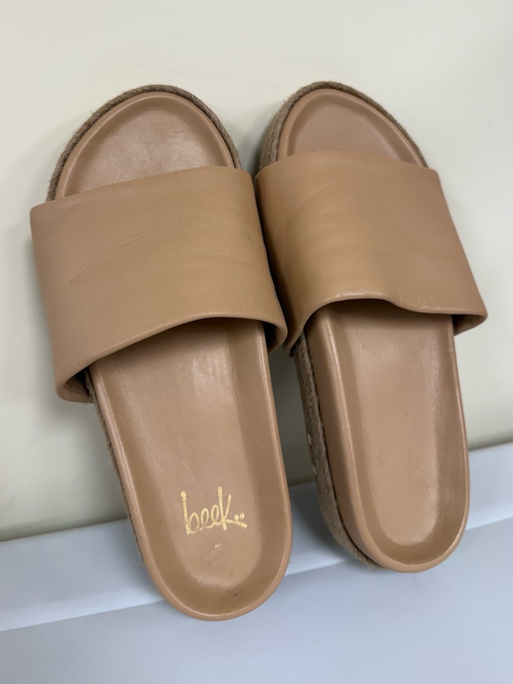Women’s beek Tan Leather And Woven Jute Espadrille Slide Sandals Size 7